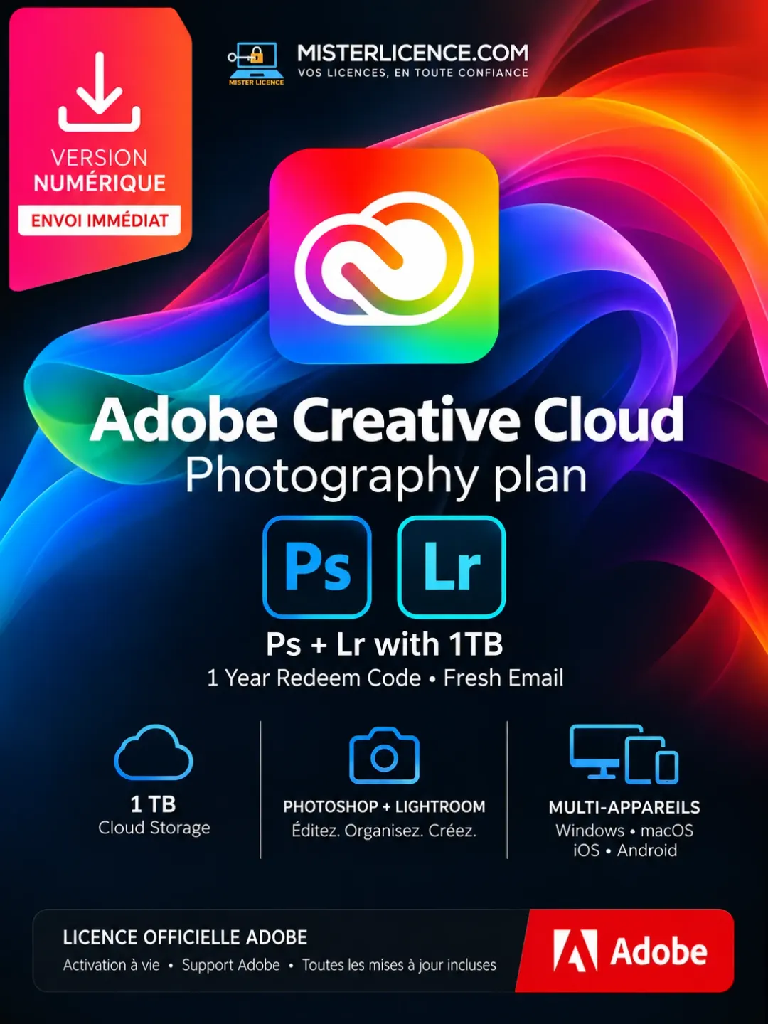 Creative Cloud Photography plan Photoshop + Lightroom with 1TB - Code - 1 an
