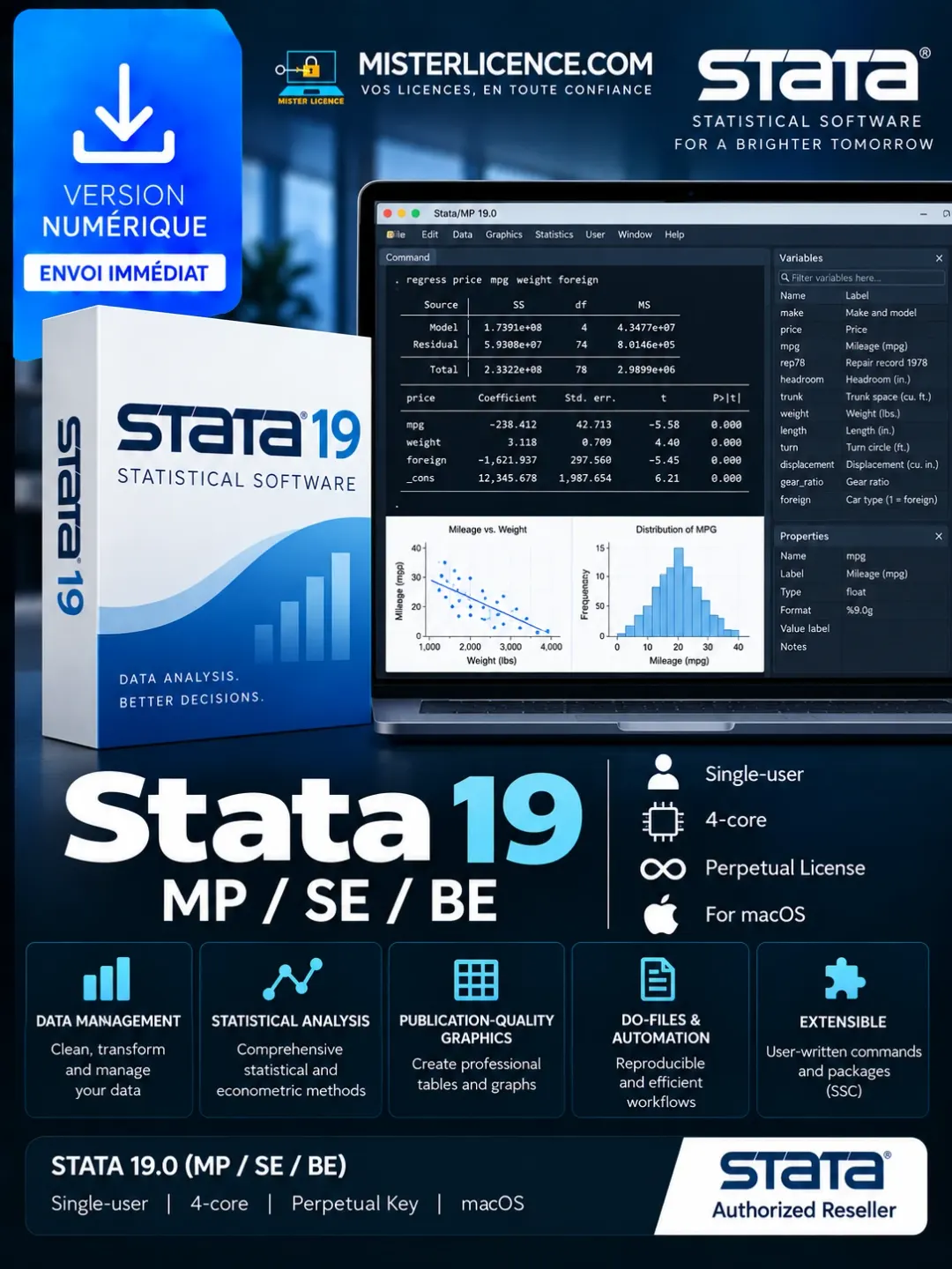 Stata 19.0 MP/SE/BE Single-user 4-core - Windows - à vie - Image principale du produit