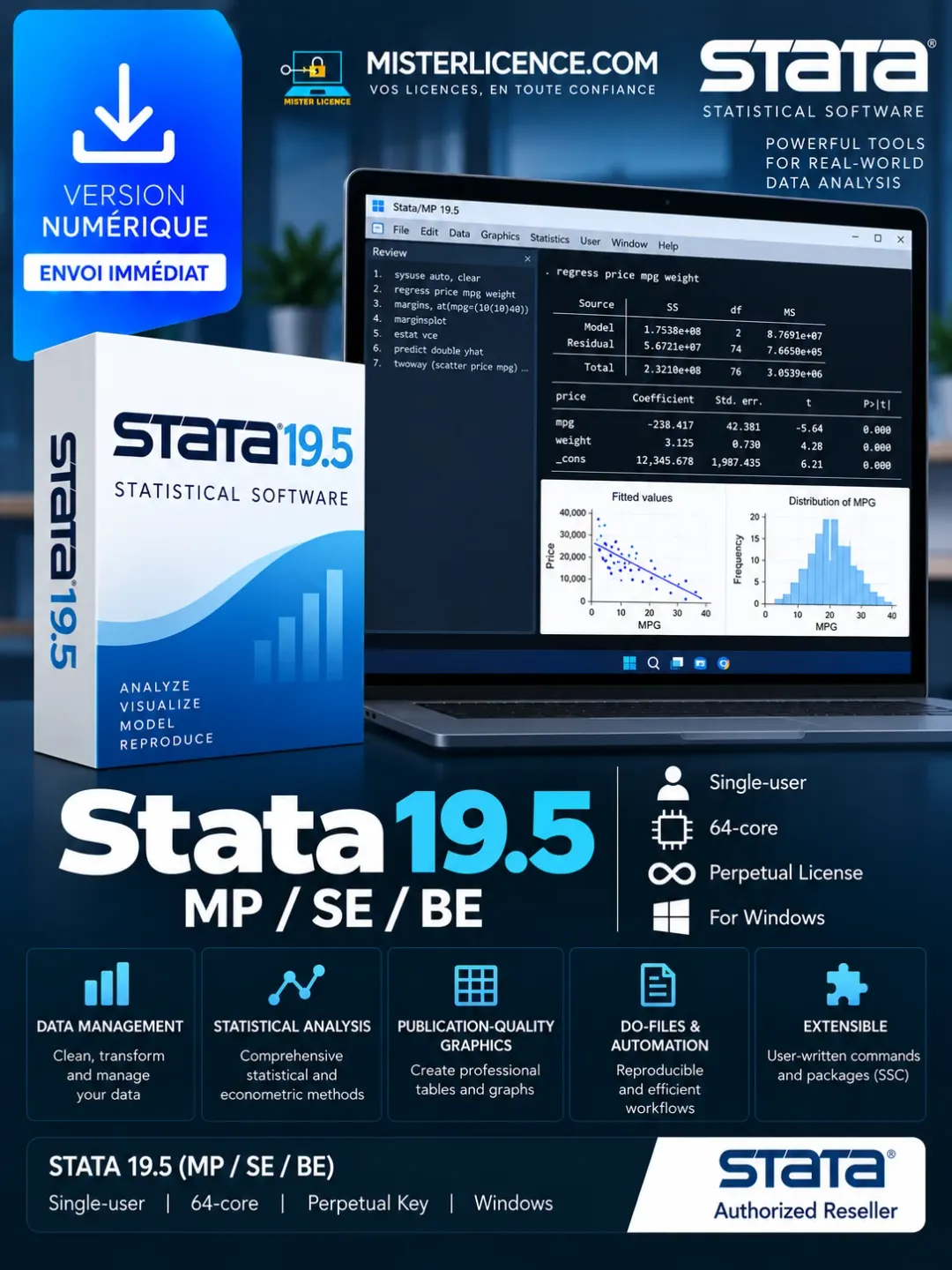 Stata 19.5 MP/SE/BE Single-user 64-core - Windows - à vie - Image principale du produit